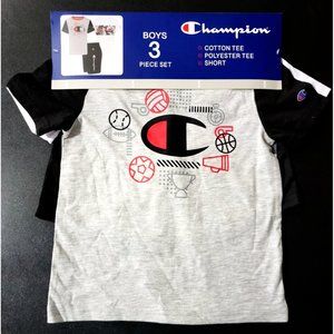 Champion Boys 3 Piece Set Polyester Tees Cotton Tee Short Grey & White Size 5